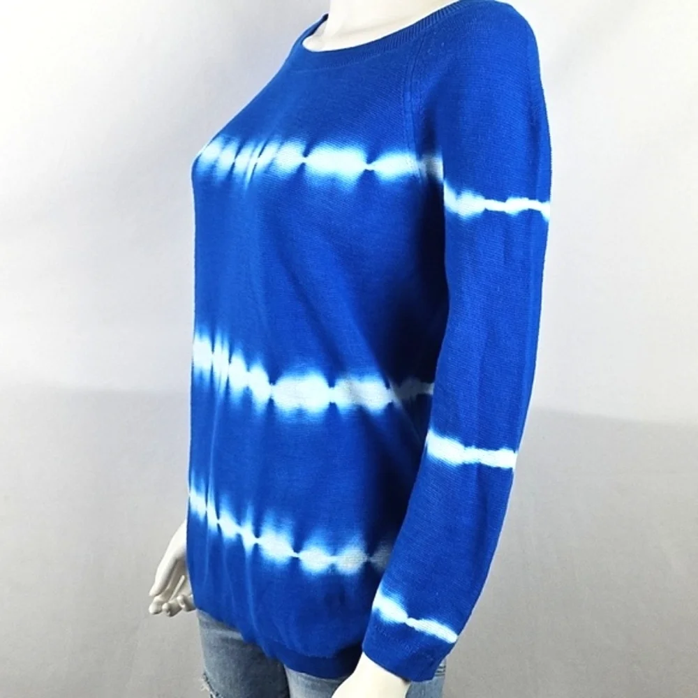Talbots 100% Cotton Knit Blue White Tie Dye Crewneck 3/4 Sleeve Pullover Sweater